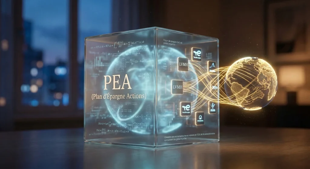 Pourquoi choisir le PEA pour son ETF Monde en 2026 ? 4 chรฉma conceptuel du PEA permettant d'investir dans les actions mondiales via un swap de rรฉplication synthรฉtique.