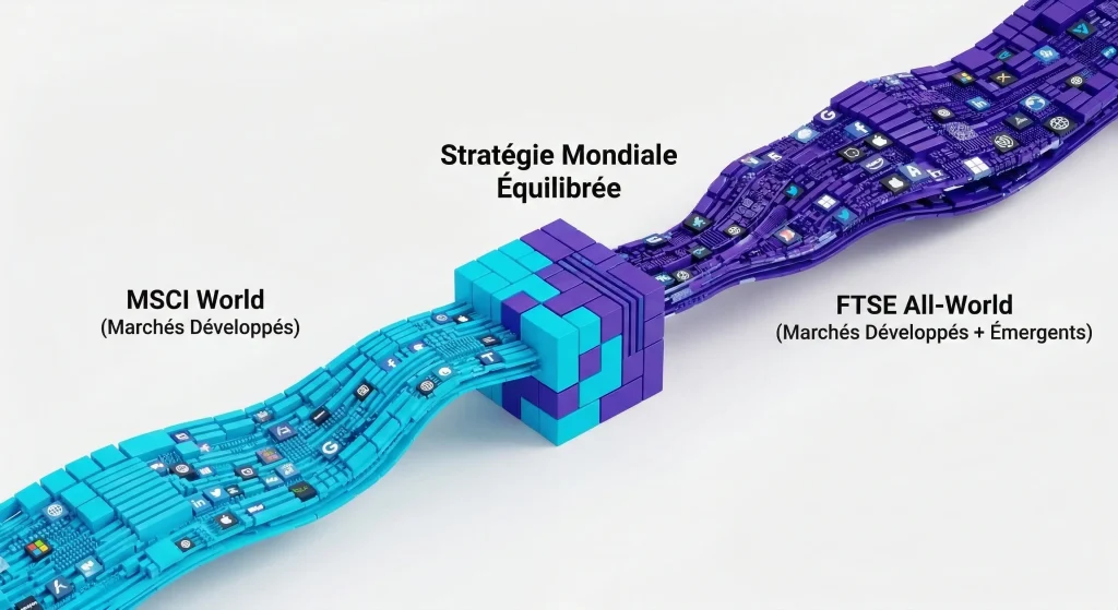Pourquoi choisir le PEA pour son ETF Monde en 2026 ? 2 Comparatif visuel entre les indices MSCI World et FTSE All-World pour une stratรฉgie mondiale รฉquilibrรฉe.