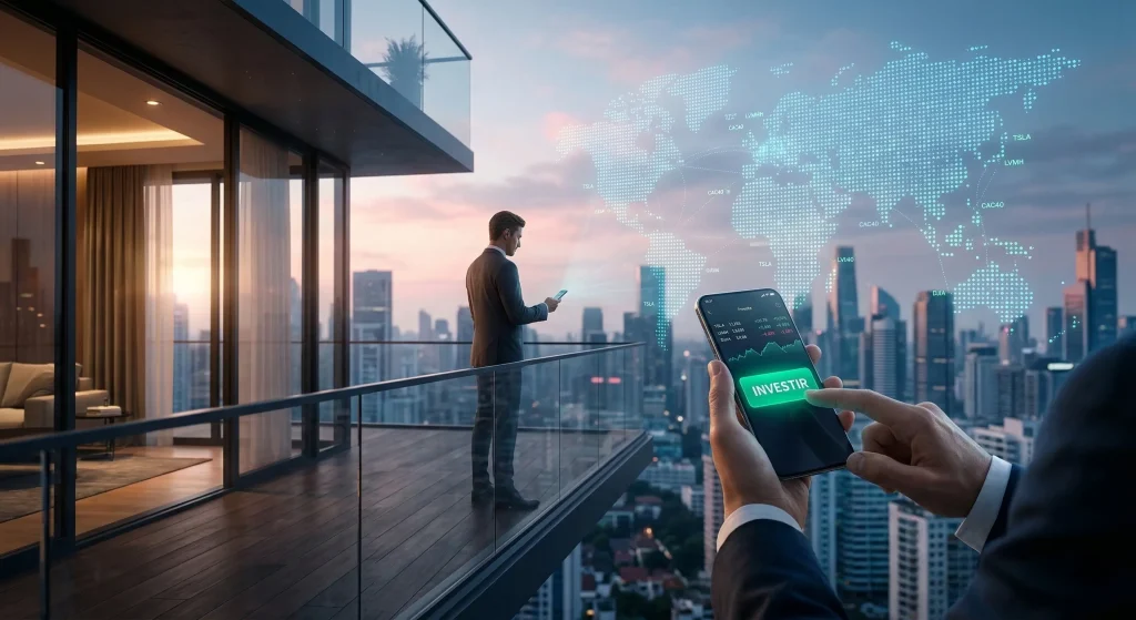 Pourquoi choisir le PEA pour son ETF Monde en 2026 ? 1 Investisseur utilisant une application mobile pour acheter un ETF Monde sur PEA en 2026 face ร une ville moderne.