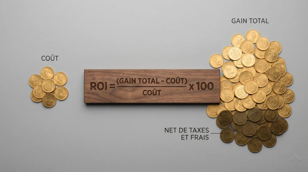 ROI : Le Guide Ultime 2026 pour Maรฎtriser votre Retour sur Investissement 1 Infographie montrant la formule du ROI avec des piรจces d'or illustrant le coรปt et le gain total.