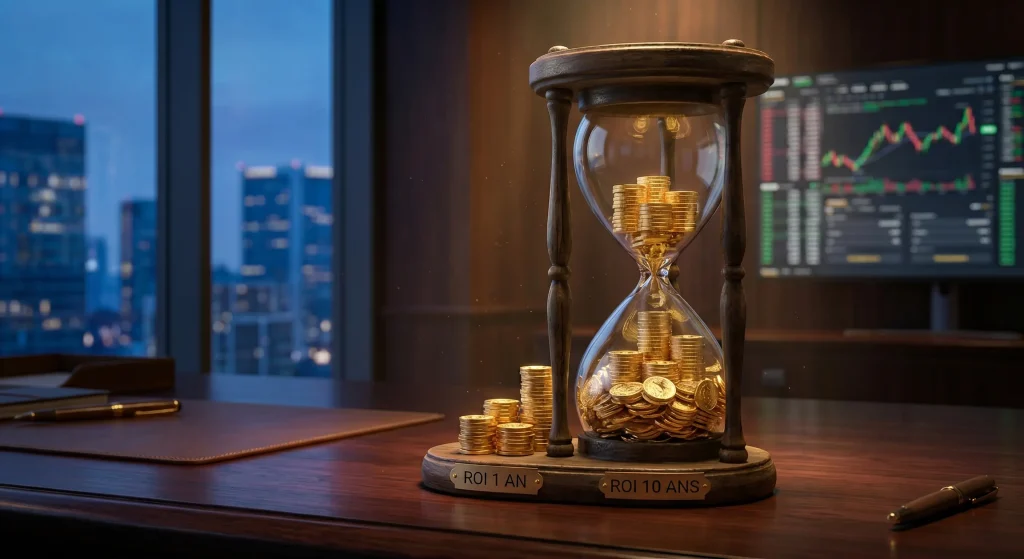ROI : Le Guide Ultime 2026 pour Maรฎtriser votre Retour sur Investissement 5 Sablier rempli de piรจces d'or comparant visuellement le ROI sur 1 an et le ROI sur 10 ans.
