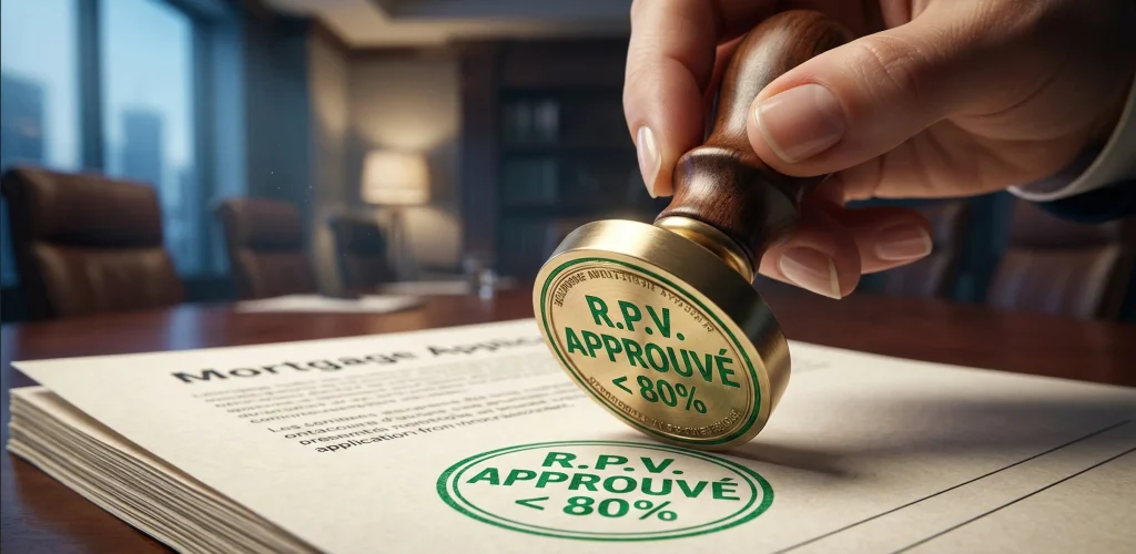 Main tamponnant une demande de prêt immobilier avec la mention R.P.V. approuvé à moins de 80% pour un dossier de crédit solide