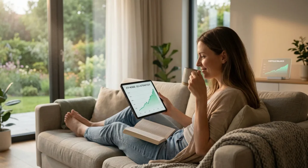 Pourquoi choisir le PEA pour son ETF Monde en 2026 ? 6 Investisseuse sereine consultant un graphique de croissance d'un ETF Monde en stratรฉgie DCA automatique.