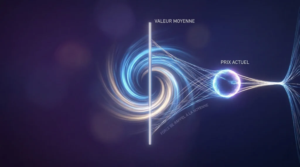 Comment maîtriser le "Mean Reversion" en trading ? 2 Allégorie de l'élastique en trading représentant la force de rappel du prix actuel d'un actif vers sa valeur moyenne centrale.