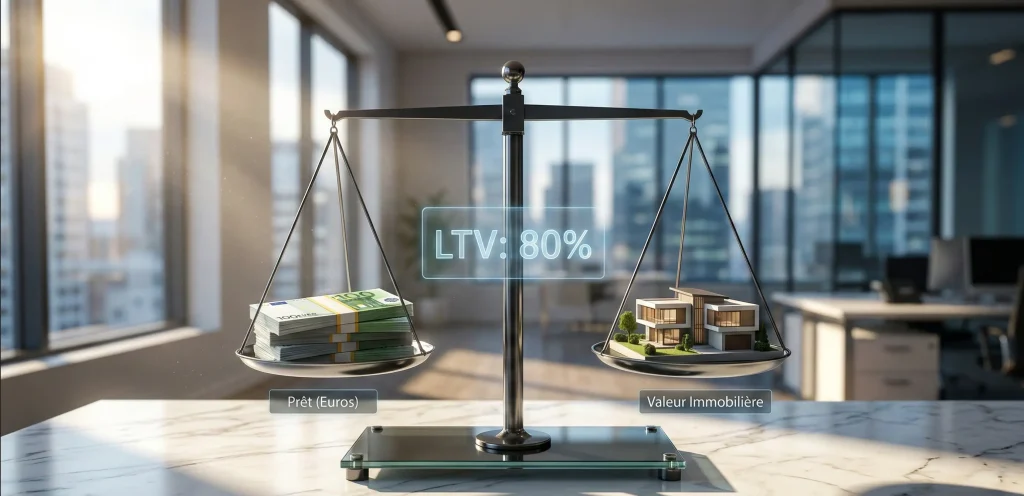 Tout savoir sur le Loan To Value (LTV) : Le Guide de l'Investisseur 1 Balance conceptuelle illustrant le ratio Loan To Value (LTV) à 80% entre le montant du prêt en euros et la valeur d'un bien immobilier