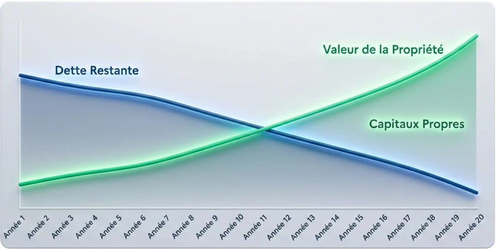 Graphique de l'évolution du LTV sur 20 ans montrant la baisse de la dette restante face à l'augmentation de la valeur de la propriété et des capitaux propres