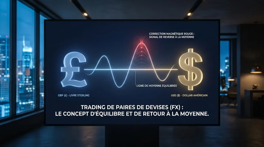 Comment maîtriser le "Mean Reversion" en trading ? 6 Concept de Mean Reversion sur le Forex illustré par l'équilibre et le retour à la moyenne entre la Livre Sterling (GBP) et le Dollar (USD).