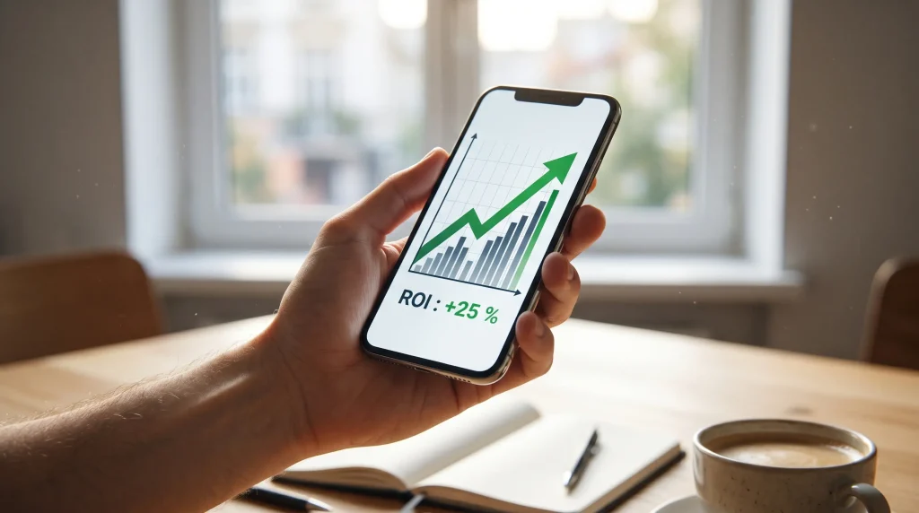 ROI : Le Guide Ultime 2026 pour Maรฎtriser votre Retour sur Investissement 2 Smartphone affichant un graphique boursier haussier avec une performance de ROI de +25%.