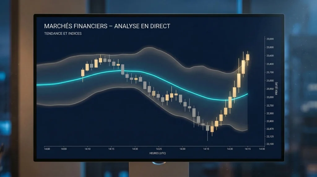 Comment maîtriser le "Mean Reversion" en trading ? 1 Analyse en direct d'une stratégie de retour à la moyenne sur un moniteur de trading affichant des bougies japonaises et une moyenne mobile cyan.