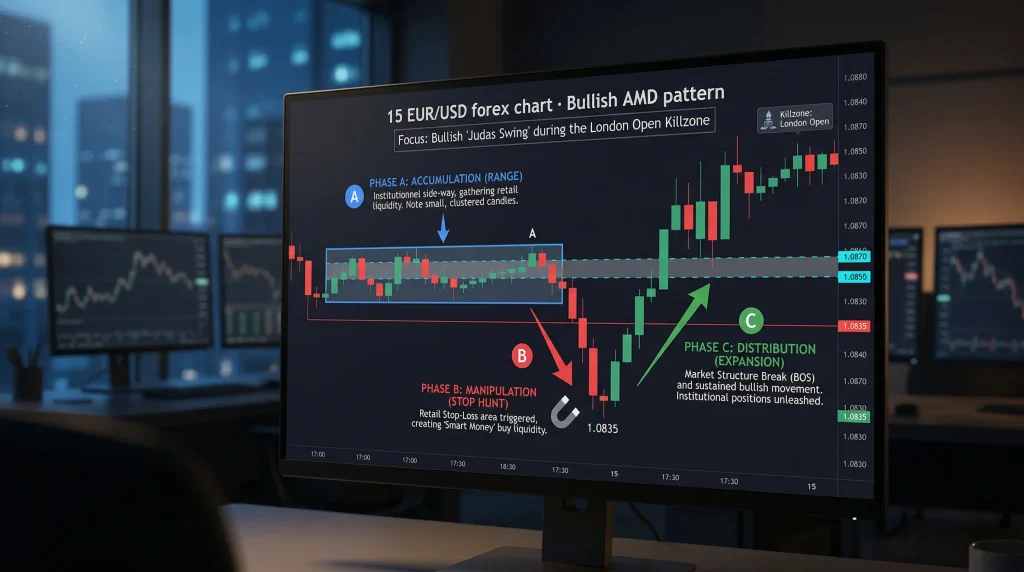 Comprendre la Stratégie AMD en Trading : Accumulation, Manipulation, Distribution 1 Modèle classique des phases d'Accumulation, Manipulation et Distribution (AMD) haussier durant l'ouverture de la bourse de Londres.