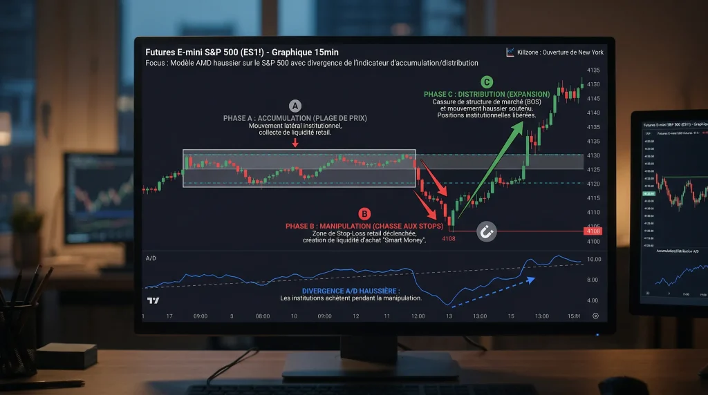 Comprendre la Stratégie AMD en Trading : Accumulation, Manipulation, Distribution 2 Utilisation de l'indicateur d'Accumulation/Distribution pour confirmer une divergence haussière lors d'une manipulation institutionnelle sur le S&P 500.
