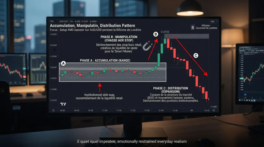 Comprendre la Stratégie AMD en Trading : Accumulation, Manipulation, Distribution 5 Exemple de pattern AMD baissier sur l'AUD/USD, illustrant une chasse aux stops haussière pour piéger les acheteurs avant la distribution.