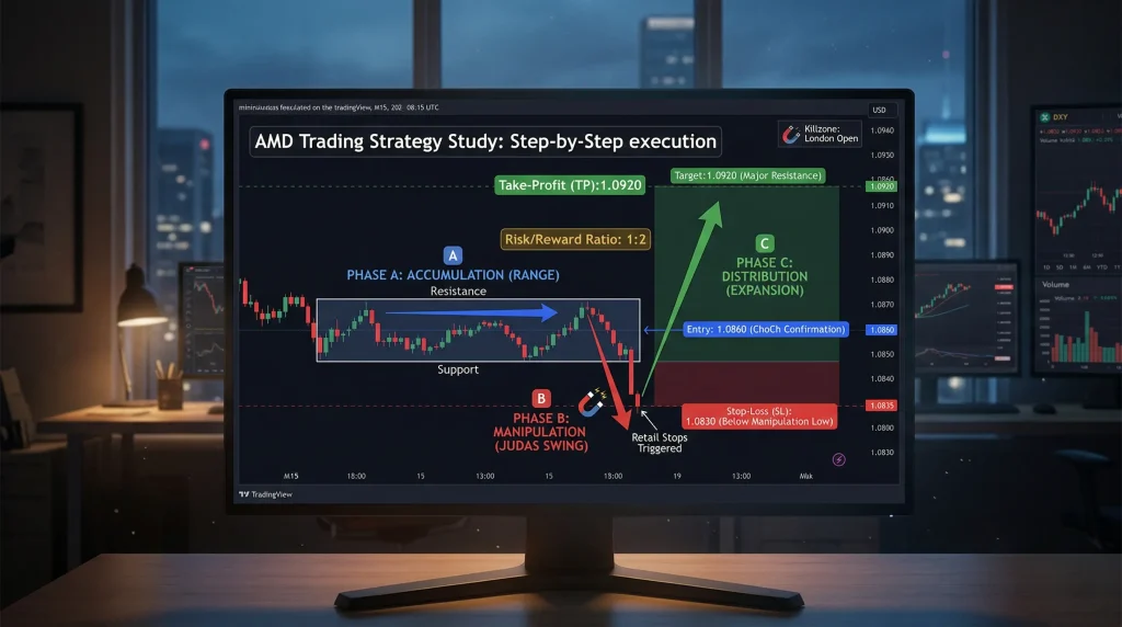 Comprendre la Stratégie AMD en Trading : Accumulation, Manipulation, Distribution 4 Graphique détaillé d'un setup de trading utilisant la stratégie AMD sur l'EUR/USD, montrant le point d'entrée exact, le Stop-Loss sous la manipulation et le Take-Profit.