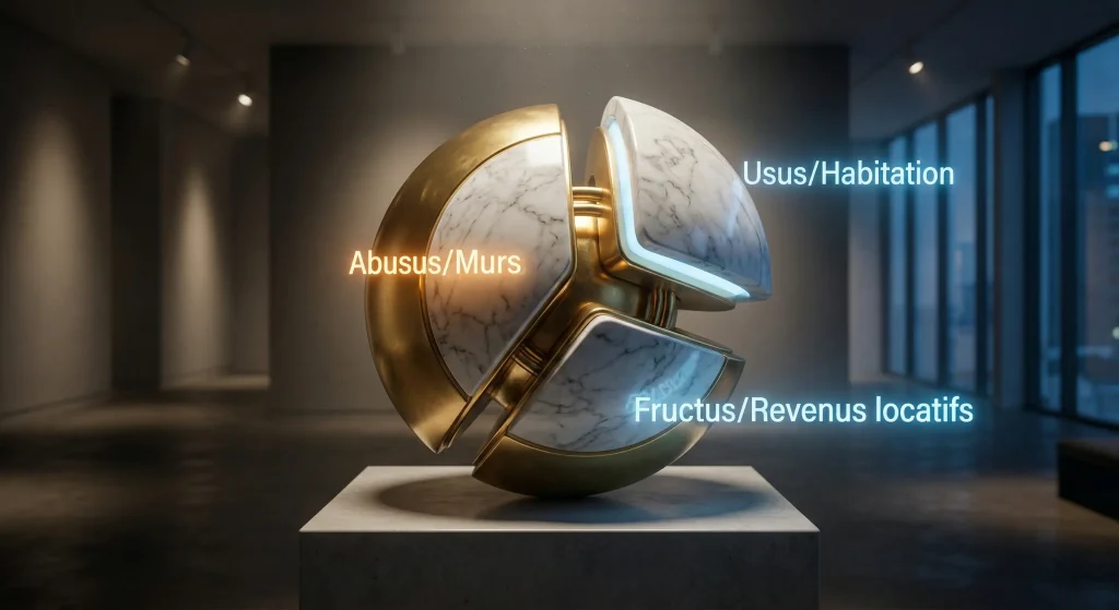 Acheter en Nue-Propriété : L’Investissement Immobilier 2026 le plus Ingénieux 1 Schéma du démembrement de propriété : Abusus, Usus et Fructus illustrés sur une sphère en or et marbre.