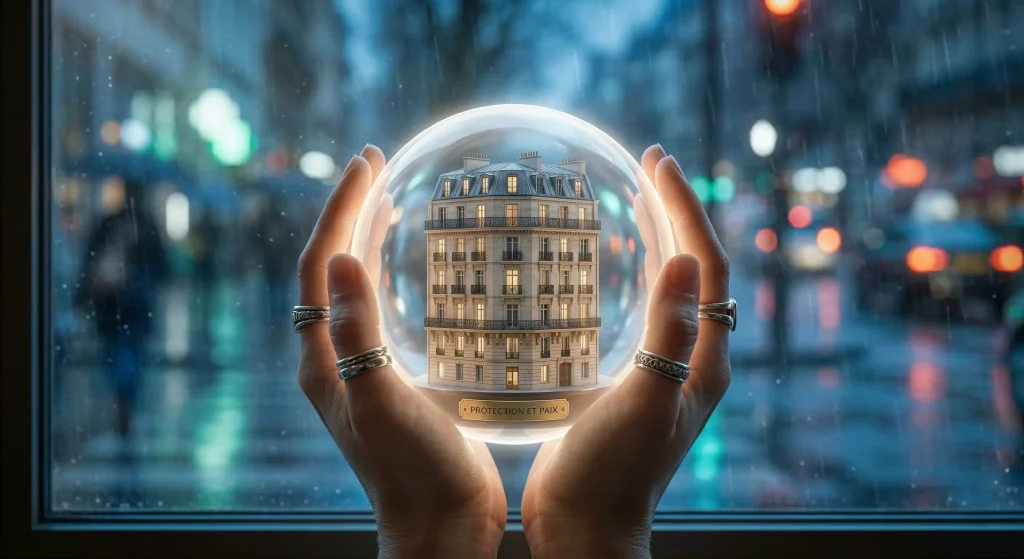 Acheter en Nue-Propriété : L’Investissement Immobilier 2026 le plus Ingénieux 4 Investissement sécurisé en nue-propriété : immeuble haussmannien protégé dans une sphère, symbole de sérénité de gestion.