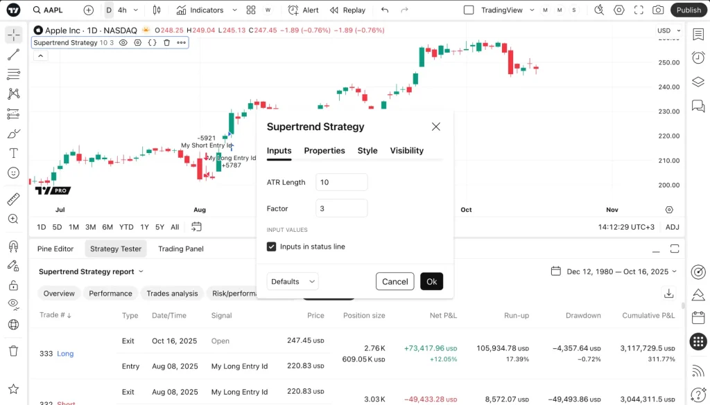 Stratégie Supertrend : Le Guide Complet pour Réussir en Bourse 2 Configuration des paramètres de la Stratégie Supertrend sur TradingView : panneau de contrôle montrant le réglage standard 10/3 (ATR Length 10, Factor 3).