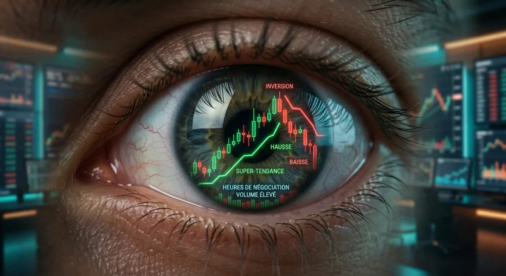 Stratégie Supertrend : Le Guide Complet pour Réussir en Bourse 1 Vision experte de la Stratégie Supertrend : œil humain reflétant un graphique de trading complexe avec bougies japonaises et signaux clairs de hausse et de baisse.