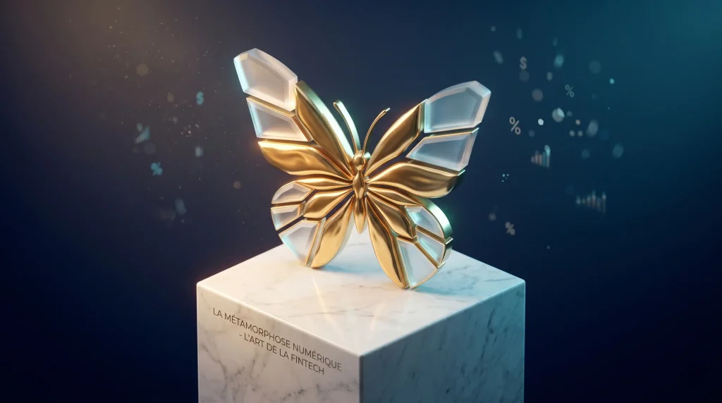 Le Guide Complet du Portefeuille Golden Butterfly en France : Stratégie, Rendements et Meilleurs ETF 3 Sculpture conceptuelle d'un papillon en or poli avec des ailes de cristal segmenté et éclairé, posé sur un piédestal de marbre blanc avec une gravure dorée "LA MÉTAMORPHOSE NUMÉRIQUE - L'ART DE LA FINTECH".