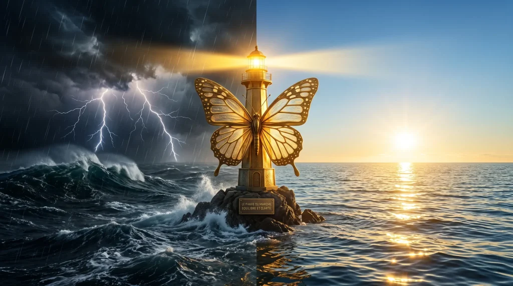 Le Guide Complet du Portefeuille Golden Butterfly en France : Stratégie, Rendements et Meilleurs ETF 13 Phare flottant avec des ailes de papillon d'or massif s'étendant des deux côtés, séparant une scène de mer orageuse et éclairs à gauche d'une mer calme et soleil levant à droite, avec une plaque gravée "LE PHARE DU MARCHÉ".