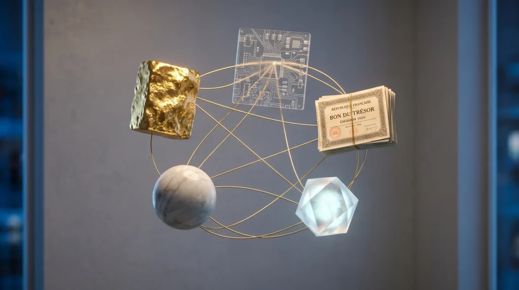 Le Guide Complet du Portefeuille Golden Butterfly en France : Stratégie, Rendements et Meilleurs ETF 2 Structure géométrique flottante d'or connectant un bloc d'or brut sculpté, un microprocesseur tech lumineux, une liasse de bons du trésor français "ÉMISSION 1920" et un polyèdre cristallin facetté éclairé.
