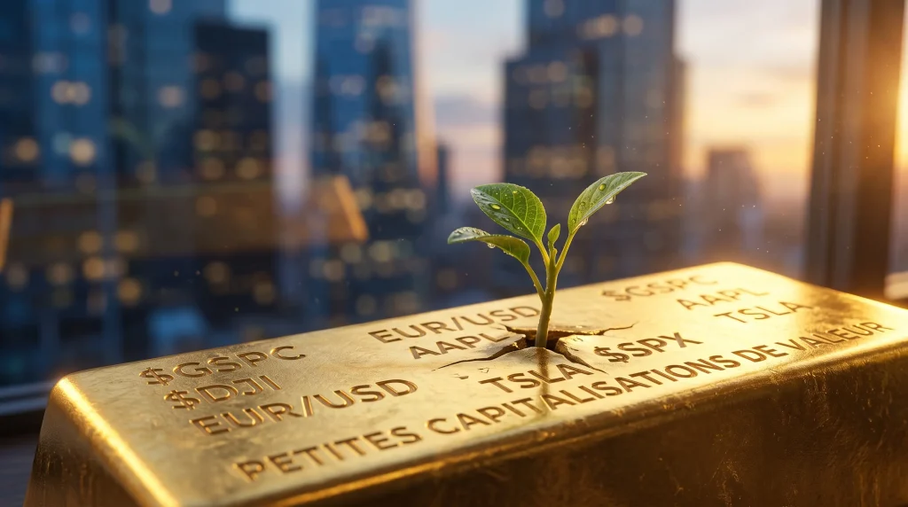 Le Guide Complet du Portefeuille Golden Butterfly en France : Stratégie, Rendements et Meilleurs ETF 1 Lingot d'or portant les gravures "EUR/USD", "TSLA", "AAPL" et "PETITES CAPITALISATIONS DE VALEUR", traversé par une pousse verte en croissance, avec Paris en fond au coucher du soleil.