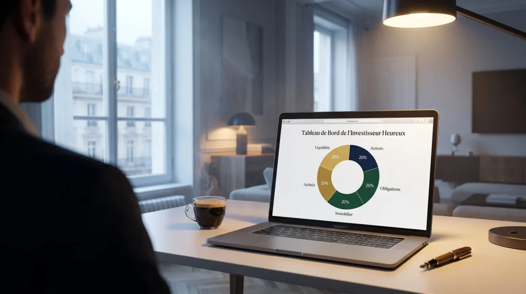Le Guide Complet du Portefeuille Golden Butterfly en France : Stratégie, Rendements et Meilleurs ETF 12 Homme d'affaires regardant un MacBook affichant un diagramme circulaire d'allocation d'actifs à parts égales de 20%, dans un intérieur moderne avec une tasse d'espresso et une fenêtre de Paris.