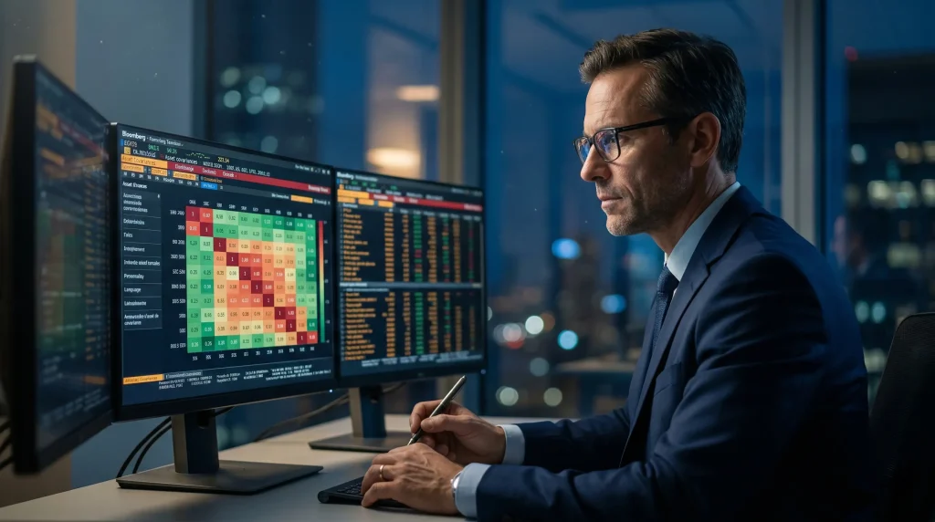 Covariance en Finance : Le Guide Complet pour Optimiser le Risque de votre Portefeuille 4 Analyste financier expert étudiant la matrice de covariance et les rendements de marché sur plusieurs écrans.