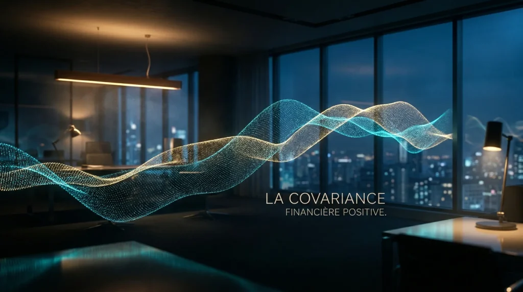 Covariance en Finance : Le Guide Complet pour Optimiser le Risque de votre Portefeuille 1 Visualisation abstraite de la covariance financière positive entre deux actifs évoluant en harmonie.