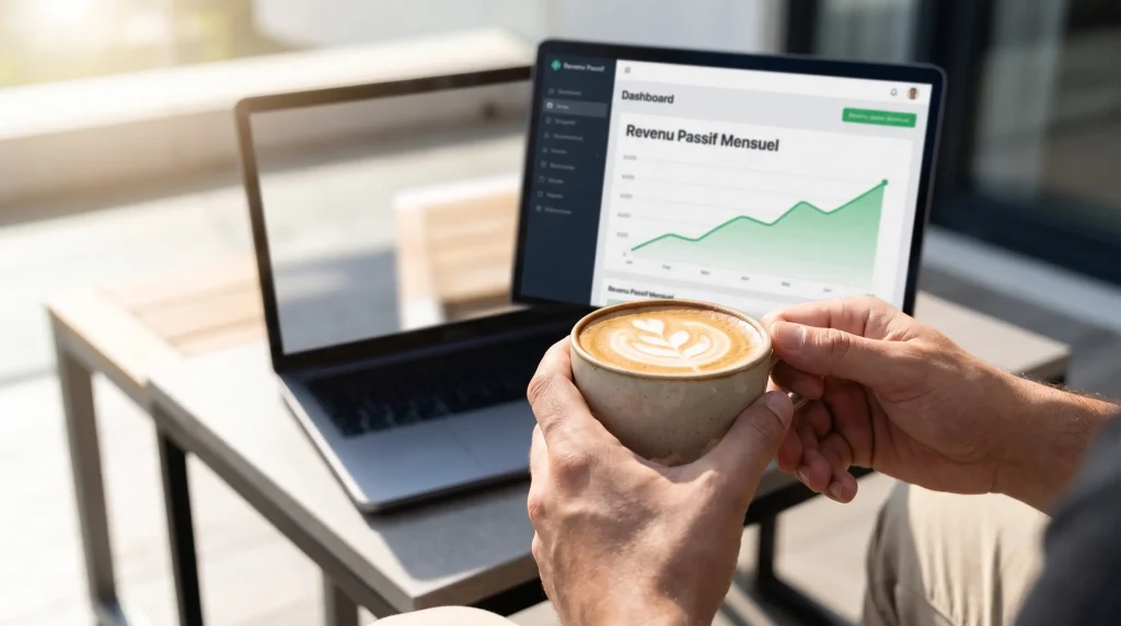 Guide Ultime : Investir dans les ETF ร Dividendes en 2026 (Stratรฉgies, Fiscalitรฉ et Palmarรจs) 4 Investisseur consultant son revenu passif mensuel sur ordinateur portable en terrasse.