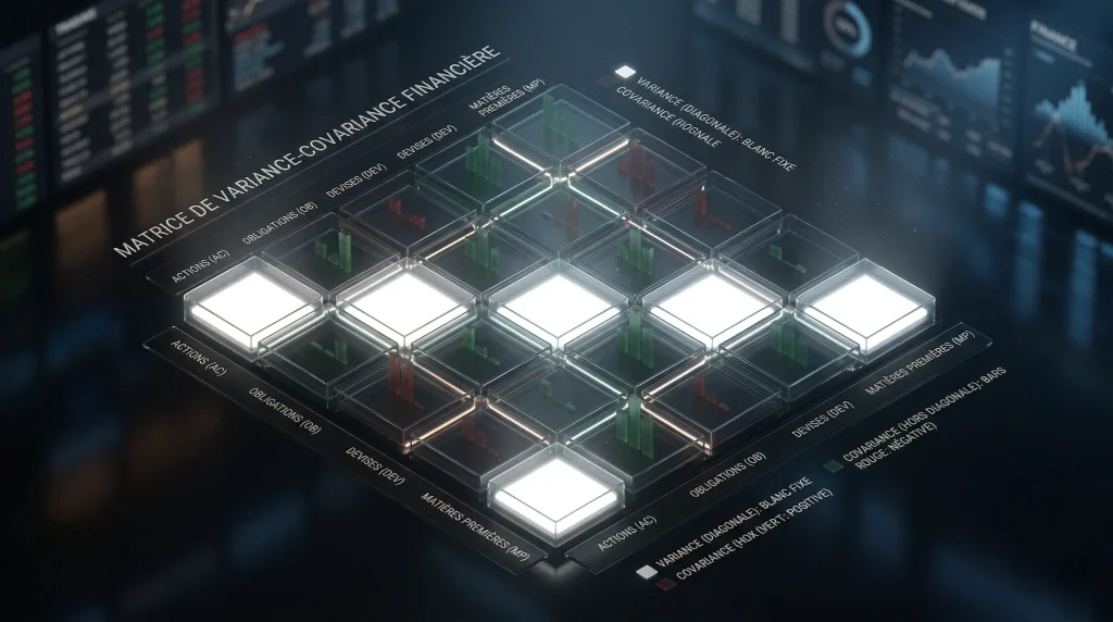 Covariance en Finance : Le Guide Complet pour Optimiser le Risque de votre Portefeuille 3 Tableau de bord moderne affichant une matrice de variance-covariance pour le pilotage de risques financiers.