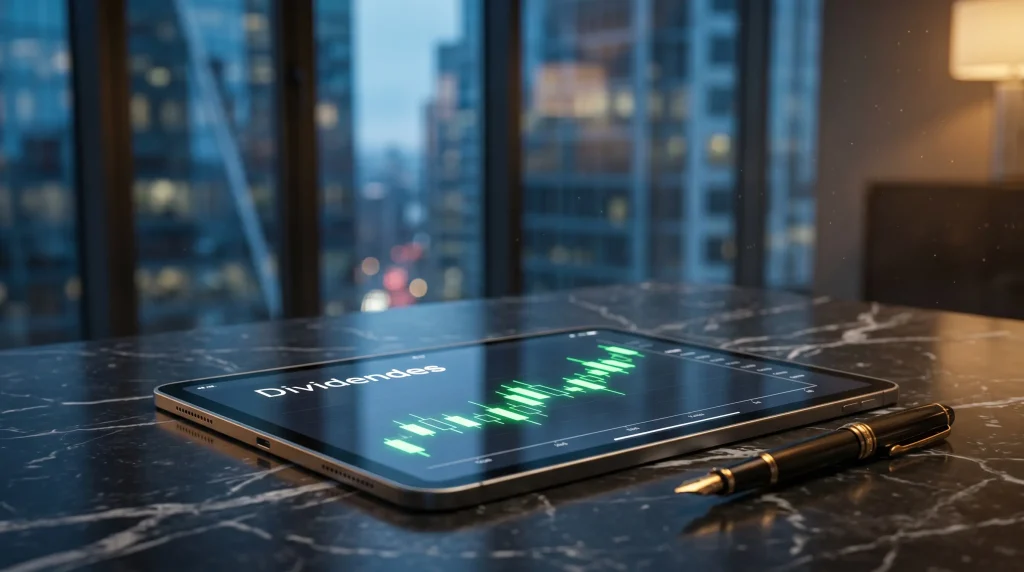 Guide Ultime : Investir dans les ETF ร Dividendes en 2026 (Stratรฉgies, Fiscalitรฉ et Palmarรจs) 3 Tablette affichant un graphique boursier de Dividend Aristocrats sur un bureau en marbre.