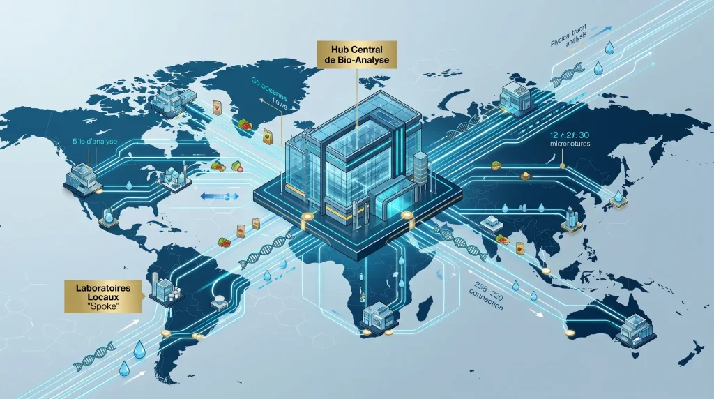 Avis Action Eurofins Scientific 2026 : Faut-il profiter de la baisse ? 1 Infographie du rรฉseau mondial Hub-and-Spoke d'Eurofins Scientific montrant les centres d'excellence (Hubs) et les laboratoires locaux (Spokes).