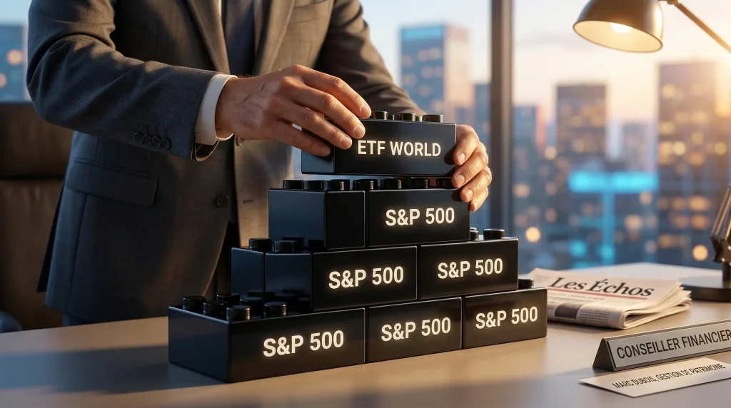 Stratégie Core-Satellite : La méthode puissante pour investir avec sérénité et performance 2 Mains de conseiller financier empilant des blocs lumineux marqués ETF World et S&P 500 pour illustrer la construction d'un portefeuille d'investissement Core-Satellite.