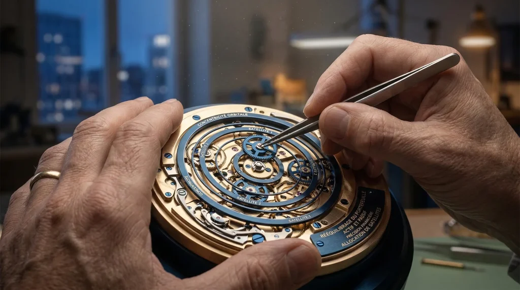 Stratégie Core-Satellite : La méthode puissante pour investir avec sérénité et performance 3 Horloger ajustant méticuleusement un mécanisme d'horloge complexe avec des anneaux satellites, illustrant la précision du rééquilibrage de portefeuille en stratégie Core-Satellite.