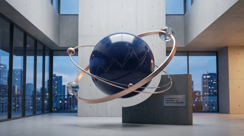 Stratégie Core-Satellite : La méthode puissante pour investir avec sérénité et performance 1 Sculpture conceptuelle de la stratégie d'investissement Core-Satellite avec une grande sphère noyau centrale et des satellites en orbite, illustrant la stabilité et la croissance du portefeuille.