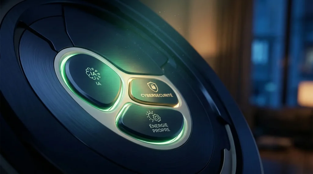 Stratégie Core-Satellite : La méthode puissante pour investir avec sérénité et performance 4 Image macro de boutons thématiques lumineux pour les mégatendances d'investissement : IA, Cybersécurité et Énergie Propre, illustrant les investissements satellites.