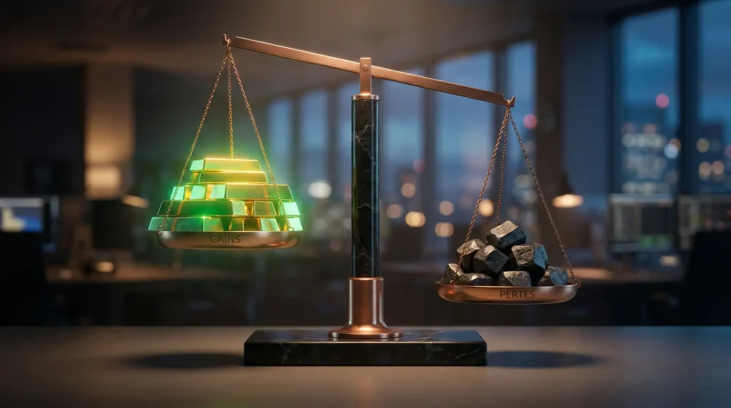 Le Profit Factor : Un Indicateur Clé pour Évaluer vos Stratégies de Trading 1 Illustration conceptuelle du Profit Factor montrant une balance équilibrant les gains en or et les pertes en pierre dans un bureau de trading