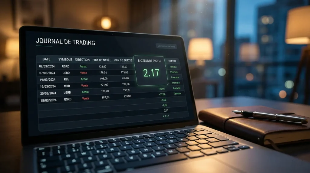 Le Profit Factor : Un Indicateur Clé pour Évaluer vos Stratégies de Trading 4 Interface d'un journal de trading sur ordinateur affichant un Profit Factor de 2.17 et le détail des transactions boursières