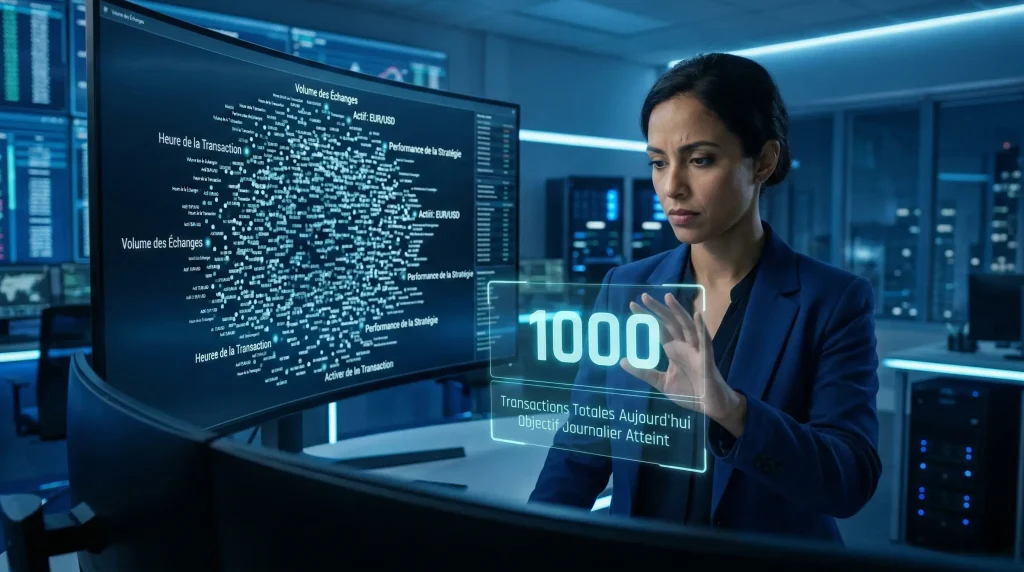 Le Profit Factor : Un Indicateur Clé pour Évaluer vos Stratégies de Trading 2 Analyste financière examinant un échantillon statistique de 1000 transactions pour valider la robustesse d'un Profit Factor