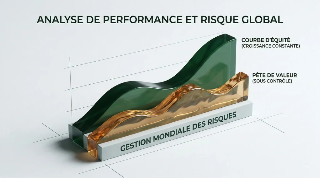 Le Profit Factor : Un Indicateur Clé pour Évaluer vos Stratégies de Trading 3 Graphique 3D d'analyse de performance comparant la courbe d'équité ascendante et le drawdown pour la gestion des risques