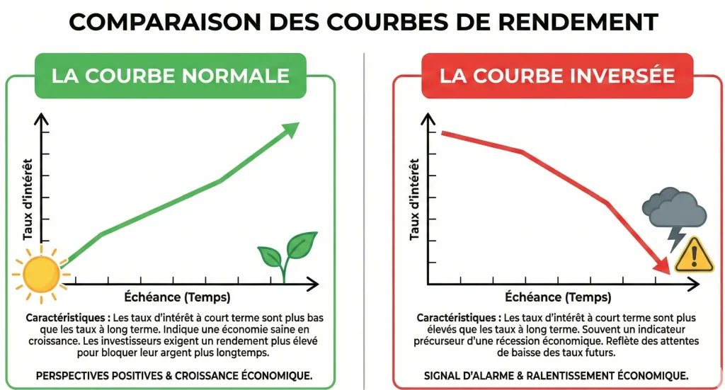 Market Timing : Faut-il vraiment chercher à battre le marché ? 2 Infographie éducative comparant la courbe de rendement normale (croissance économique) et la courbe de rendement inversée (signal de récession), montrant l'évolution des taux d'intérêt selon l'échéance