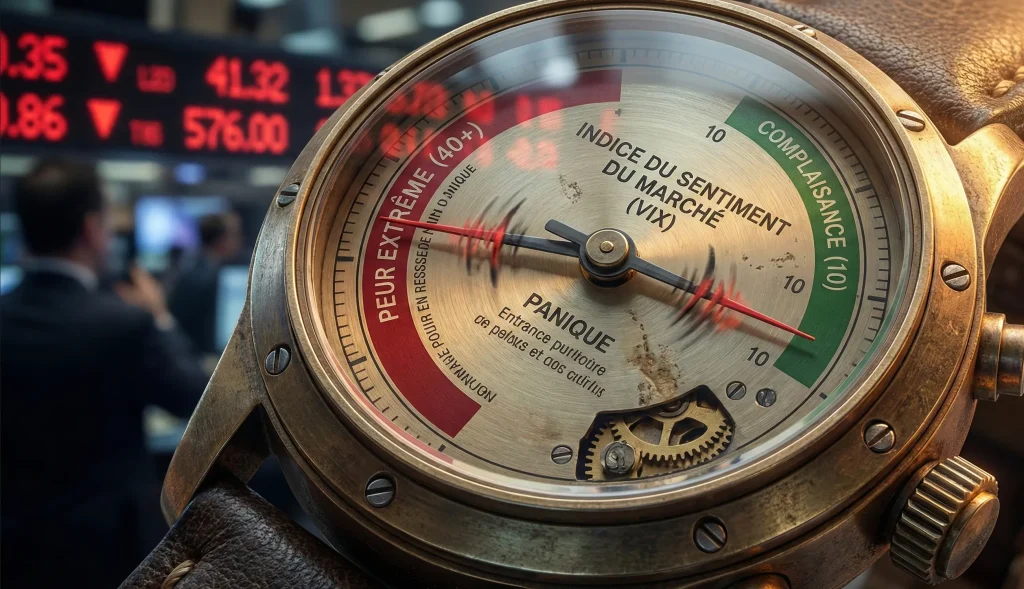 Market Timing : Faut-il vraiment chercher à battre le marché ? 5 Gros plan d'un instrument analogique de style horlogerie vintage affichant l'Indice du Sentiment du Marché (VIX) pointant vers la zone rouge de Peur Extrême et Panique (40+) sur fond de salle de marché
