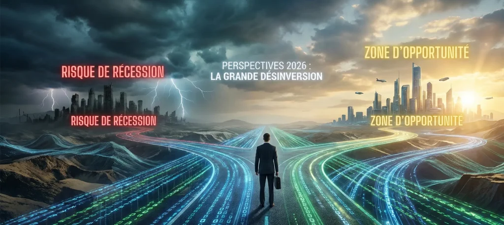 Market Timing : Faut-il vraiment chercher à battre le marché ? 7 Illustration conceptuelle d'un homme d'affaires face à un carrefour de flux de données numériques. À gauche, un chemin vers une tempête symbolisant le Risque de Récession. À droite, une voie vers une ville futuriste ensoleillée nommée Zone d'Opportunité. Texte en ciel : Perspectives 2026, La Grande Désinversion