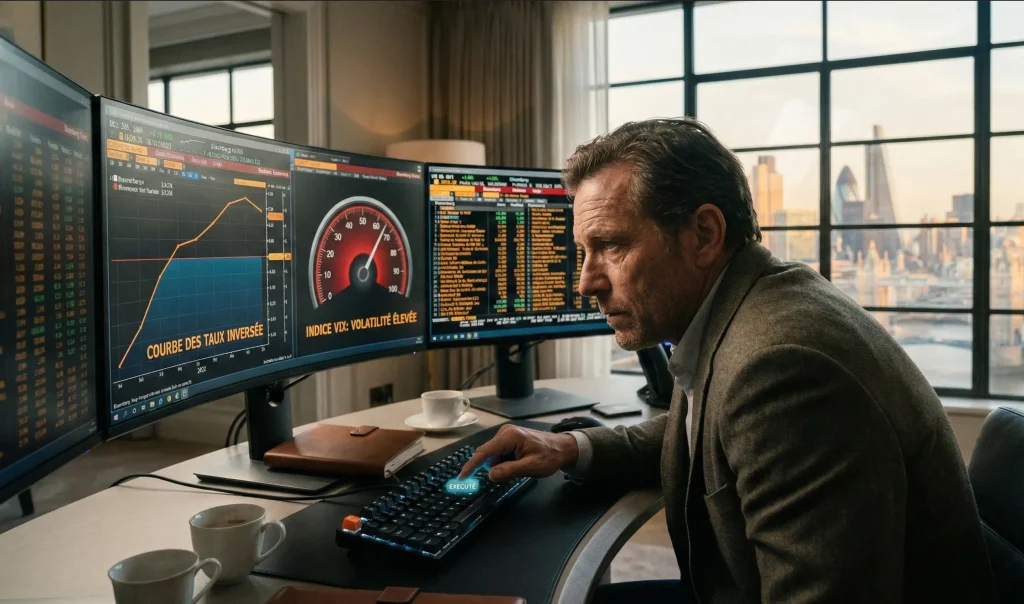 Portrait d'un investisseur devant son poste de trading affichant une courbe des taux inversée en français.