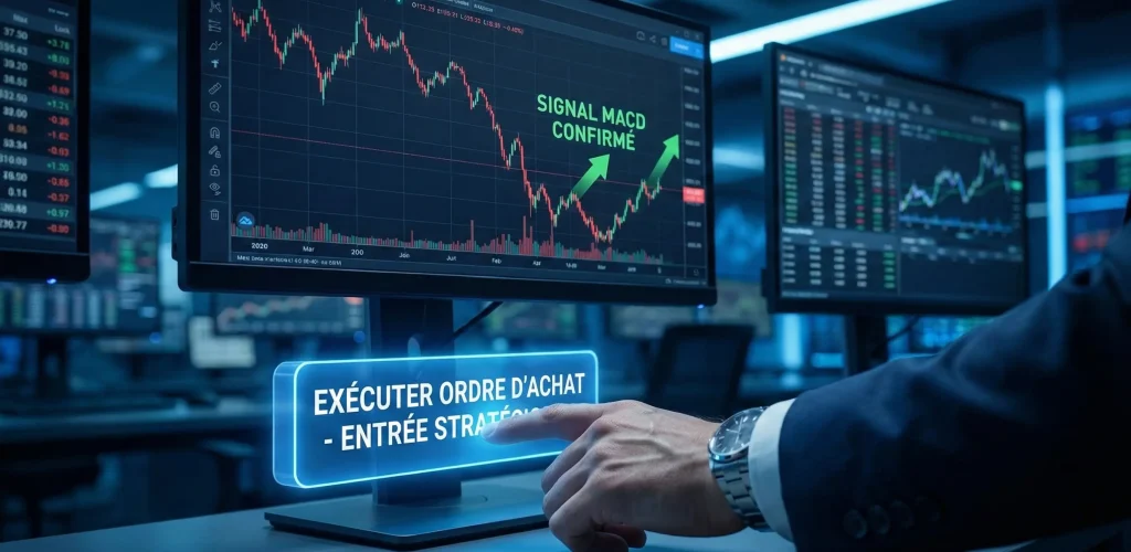 Market Timing : Faut-il vraiment chercher à battre le marché ? 6 Main de trader en costume appuyant sur un bouton lumineux « Exécuter ordre d'achat » devant un graphique boursier affichant un signal MACD confirmé dans un environnement de hedge fund