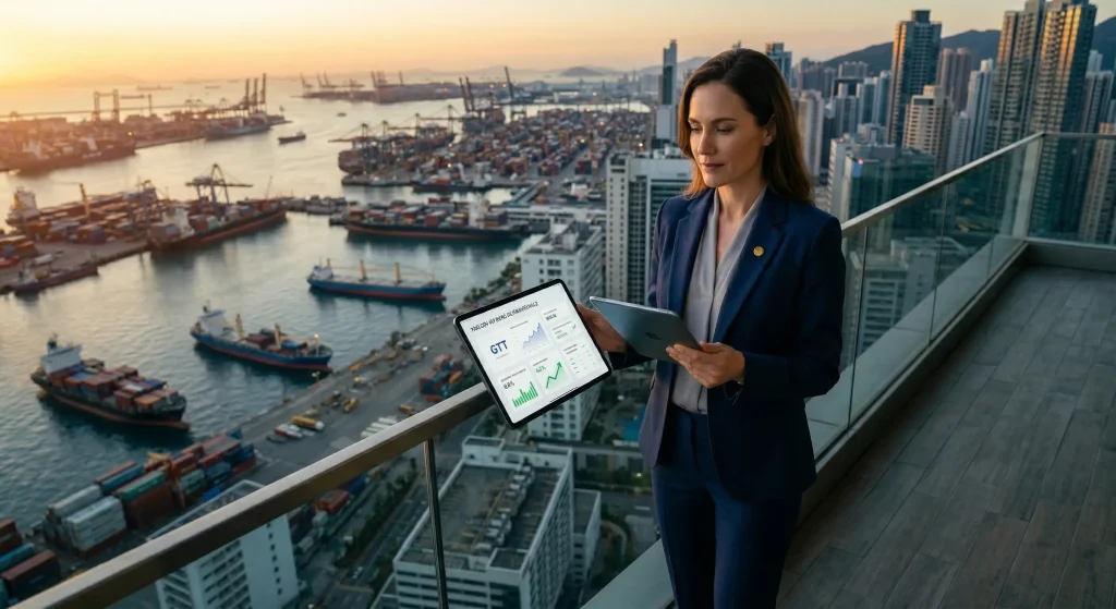 Action GTT en 2026 : Analyse Complรจte, Dividendes et Avis d'Investissement 12 Un investisseur boursier sur un balcon premium surplombant un port de conteneurs animรฉ ร Hong Kong au coucher du soleil, examinant un tableau de bord boursier sur une tablette. La tablette montre 'PORTFOLIO BOURSIER GTT FR0011726835' et 'RENDEMENT DIVIDENDE GTT / CAPITALISATION : 4.5%'. Reprรฉsente un rendement attractif et de la sรฉrรฉnitรฉ pour l'action GTT PEA.