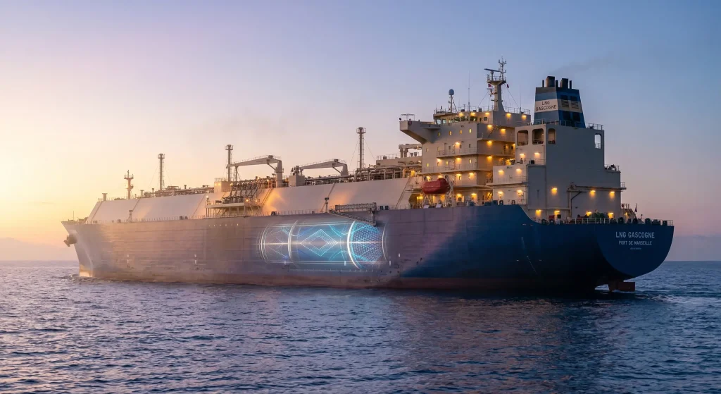 Action GTT en 2026 : Analyse Complรจte, Dividendes et Avis d'Investissement 1 Photorรฉaliste, plan large cinรฉmatique d'un mรฉthanier colossal GTT navigant ร l'heure dorรฉe, ses membranes cryogรฉniques Mark III rayonnantes. Le systรจme de confinement est la douve technologique de GTT, dominant le transport mondial de GNL pour l'action Gaztransport et Technigaz.