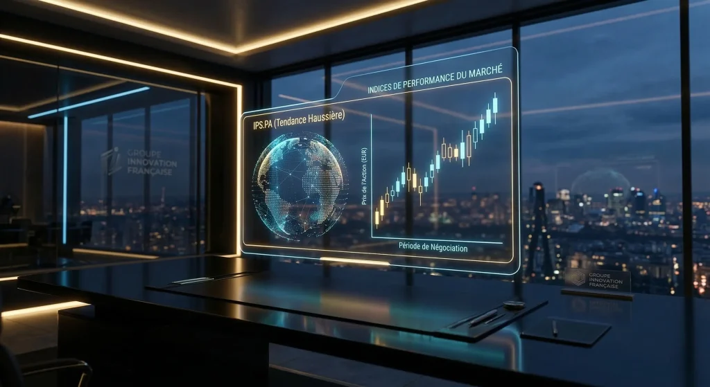 Analyse du cours de l'action Ipsos IPS.PA sur écran holographique avec graphique en bougies japonaises et tendance haussière.