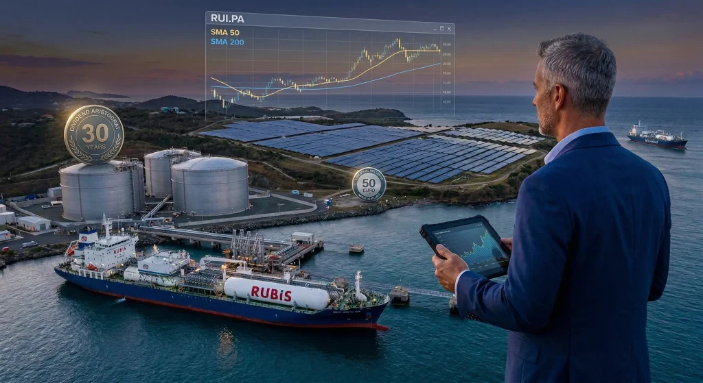 Action Rubis en 2026 : Faut-il acheter pour le dividende de 6 % ? (Analyse Complète) 1 Analyse technique de l'action Rubis RUI.PA avec graphique boursier, parc solaire et navire transporteur de bitume.