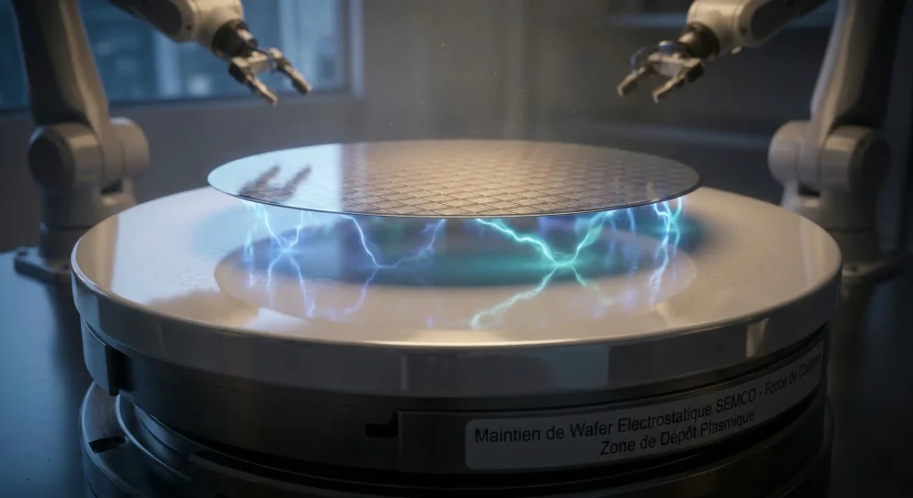 Action SEMCO Technologies (ALSEM) : Analyse, Perspectives 2026 et Avis : Faut-il Acheter ? 1 Mandrin รฉlectrostatique eChuck de SEMCO Technologies maintenant un wafer de silicium par force Coulombic en salle blanche.